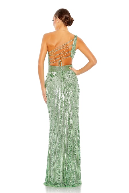 Shop Mac Duggal Green Polyester Cut Work One Shoulder Sage Sequin Embellished Gown at Aza Fashions Shop_Mac Duggal_Green Polyester Cut Work One Shoulder Sage Sequin Embellished Gown _at_Aza_Fashions