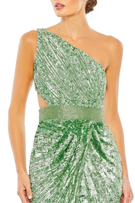 Mac Duggal Green Polyester Cut Work One Shoulder Sage Sequin Embellished Gown Online at Aza Fashions Mac Duggal_Green Polyester Cut Work One Shoulder Sage Sequin Embellished Gown _Online_at_Aza_Fashions