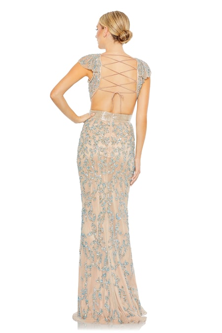 Shop Mac Duggal Beige Polyester Sequins, Cut Work Round Neck And Multi Color Embellished Gown at Aza Fashions Shop_Mac Duggal_Beige Polyester Sequins, Cut Work Round Neck And Multi Color Embellished Gown _at_Aza_Fashions