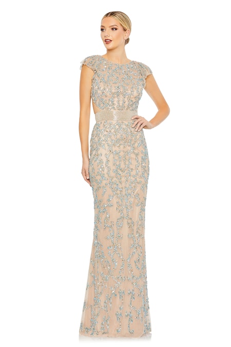 Mac Duggal Beige Polyester Sequins, Cut Work Round Neck And Multi Color Embellished Gown