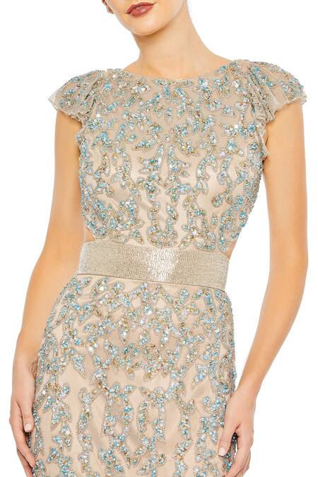Mac Duggal Beige Polyester Sequins, Cut Work Round Neck And Multi Color Embellished Gown Online at Aza Fashions Mac Duggal_Beige Polyester Sequins, Cut Work Round Neck And Multi Color Embellished Gown _Online_at_Aza_Fashions