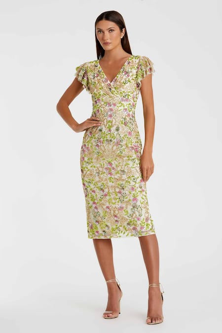 Mac Duggal Cream Polyester Sequins V-neck Gardenia Bloom Midi Dress