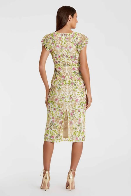 Shop Mac Duggal Cream Polyester Sequins V-neck Gardenia Bloom Midi Dress at Aza Fashions Shop_Mac Duggal_Cream Polyester Sequins V-neck Gardenia Bloom Midi Dress _at_Aza_Fashions