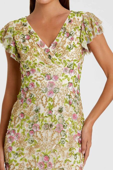 Mac Duggal Cream Polyester Sequins V-neck Gardenia Bloom Midi Dress Online at Aza Fashions Mac Duggal_Cream Polyester Sequins V-neck Gardenia Bloom Midi Dress _Online_at_Aza_Fashions