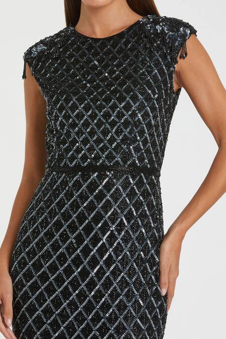 Mac Duggal_Black Polyester Sequins Round Neck Embellished Flora Midi Dress _Online_at_Aza_Fashions