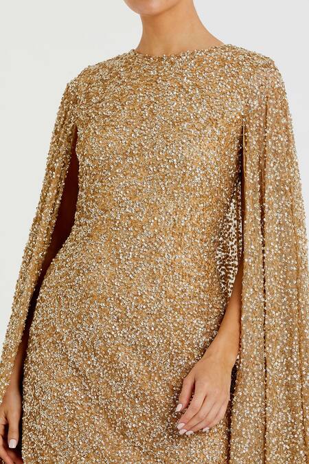 Mac Duggal Gold Polyester Sequins Round Neck Embellished Cape Sleeves Dress Online at Aza Fashions Mac Duggal_Gold Polyester Sequins Round Neck Embellished Cape Sleeves Dress _Online_at_Aza_Fashions