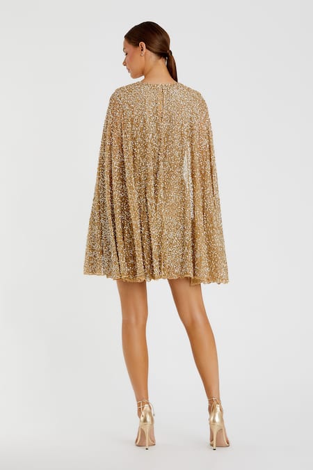 Shop Mac Duggal Gold Polyester Sequins Round Neck Embellished Cape Sleeves Dress at Aza Fashions Shop_Mac Duggal_Gold Polyester Sequins Round Neck Embellished Cape Sleeves Dress _at_Aza_Fashions