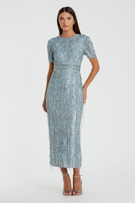 Mac Duggal Blue Polyester Sequins Round Neck Embellished Flora Art Midi Dress