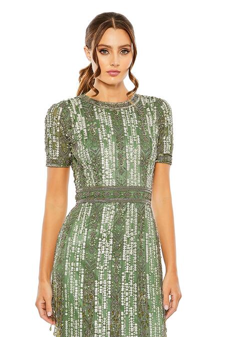Mac Duggal_Green Polyester Sequins Round Neck Floral Art Midi Dress _Online_at_Aza_Fashions