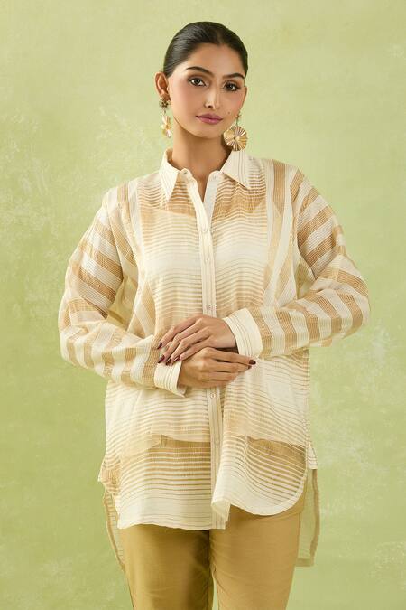 Buy_Shraddha Rambhia_Ivory Fine Chanderi Woven Stripe Collar Tunic_Online_at_Aza_Fashions