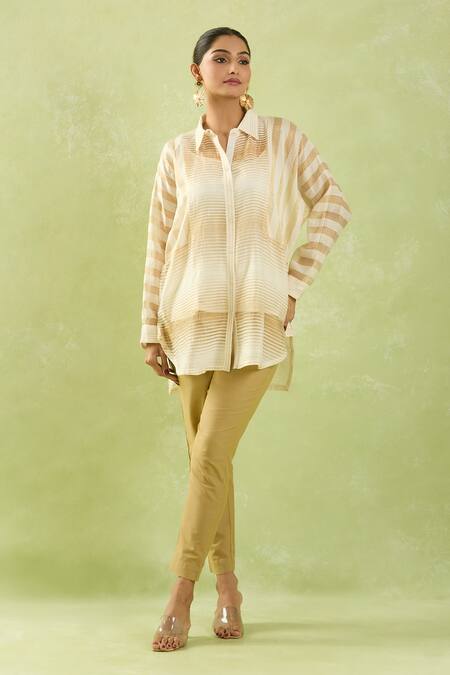 Shop_Shraddha Rambhia_Ivory Fine Chanderi Woven Stripe Collar Tunic_Online_at_Aza_Fashions