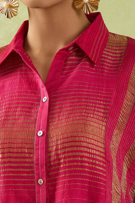 Shraddha Rambhia Pink Fine Chanderi Woven Geometric Collar Shirt Tunic Online at Aza Fashions Shraddha Rambhia_Pink Fine Chanderi Woven Geometric Collar Shirt Tunic_Online_at_Aza_Fashions