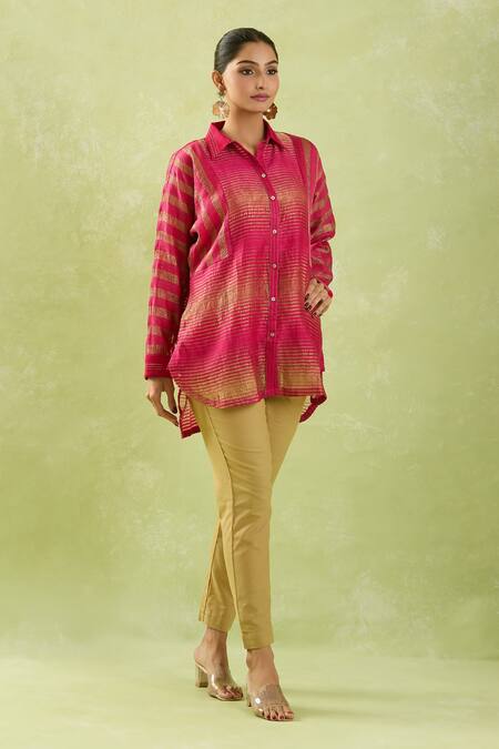 Buy Shraddha Rambhia Pink Fine Chanderi Woven Geometric Collar Shirt Tunic Online at Aza Fashions Buy_Shraddha Rambhia_Pink Fine Chanderi Woven Geometric Collar Shirt Tunic_Online_at_Aza_Fashions