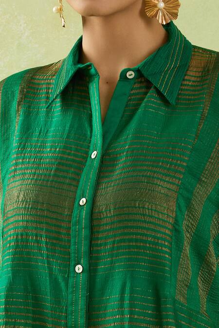 Shraddha Rambhia_Green Chanderi Collared Woven Stripe Shirt Tunic_Online_at_Aza_Fashions