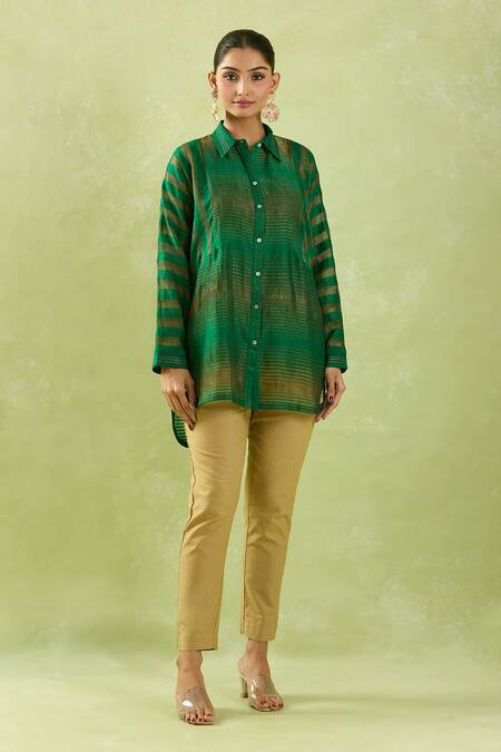 Buy_Shraddha Rambhia_Green Chanderi Collared Woven Stripe Shirt Tunic_Online_at_Aza_Fashions