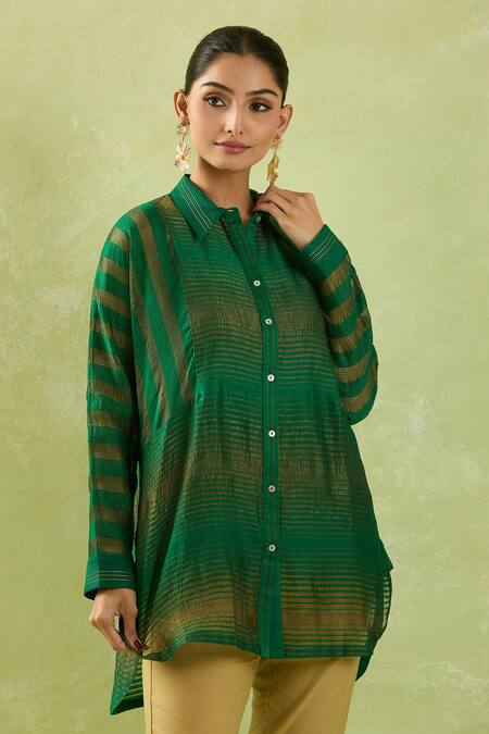 Shop_Shraddha Rambhia_Green Chanderi Collared Woven Stripe Shirt Tunic_Online_at_Aza_Fashions