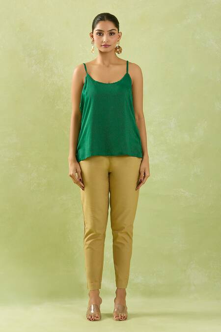 Shraddha Rambhia_Green Chanderi Collared Woven Stripe Shirt Tunic_at_Aza_Fashions