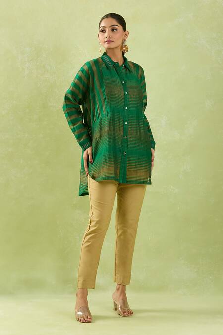 Buy_Shraddha Rambhia_Green Chanderi Collared Woven Stripe Shirt Tunic