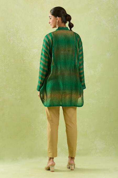 Shop_Shraddha Rambhia_Green Chanderi Collared Woven Stripe Shirt Tunic_at_Aza_Fashions