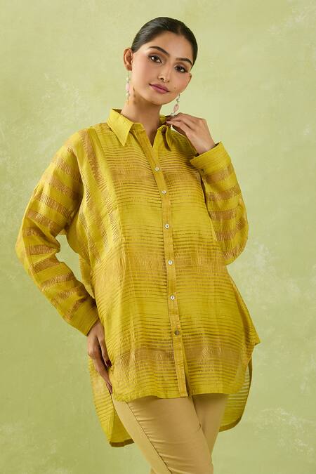 Shraddha Rambhia Green Chanderi Collared Geometric Woven Shirt Tunic Online at Aza Fashions Shraddha Rambhia_Green Chanderi Collared Geometric Woven Shirt Tunic_Online_at_Aza_Fashions