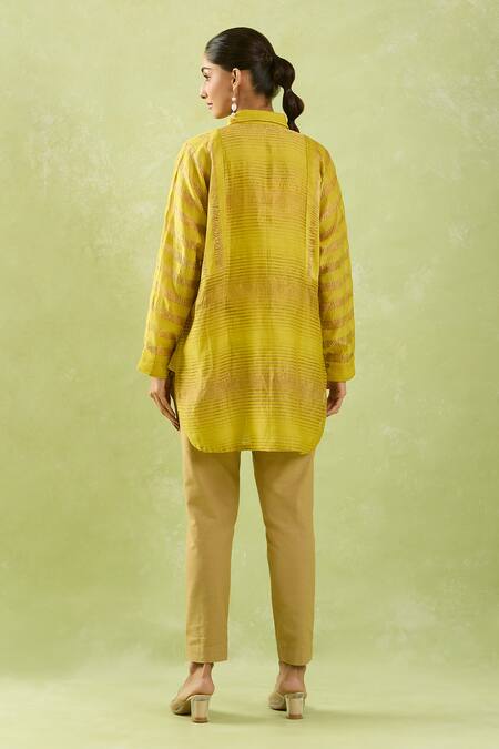 Shop Shraddha Rambhia Green Chanderi Collared Geometric Woven Shirt Tunic at Aza Fashions Shop_Shraddha Rambhia_Green Chanderi Collared Geometric Woven Shirt Tunic_at_Aza_Fashions