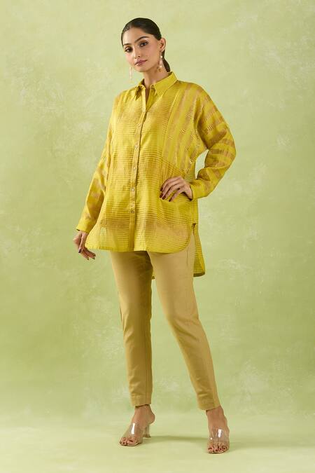 Shop Shraddha Rambhia Green Chanderi Collared Geometric Woven Shirt Tunic Online at Aza Fashions Shop_Shraddha Rambhia_Green Chanderi Collared Geometric Woven Shirt Tunic_Online_at_Aza_Fashions