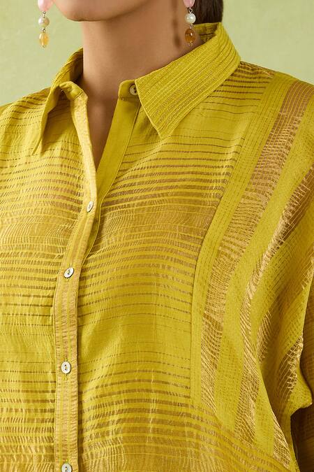 Shraddha Rambhia Green Chanderi Collared Geometric Woven Shirt Tunic at Aza Fashions Shraddha Rambhia_Green Chanderi Collared Geometric Woven Shirt Tunic_at_Aza_Fashions