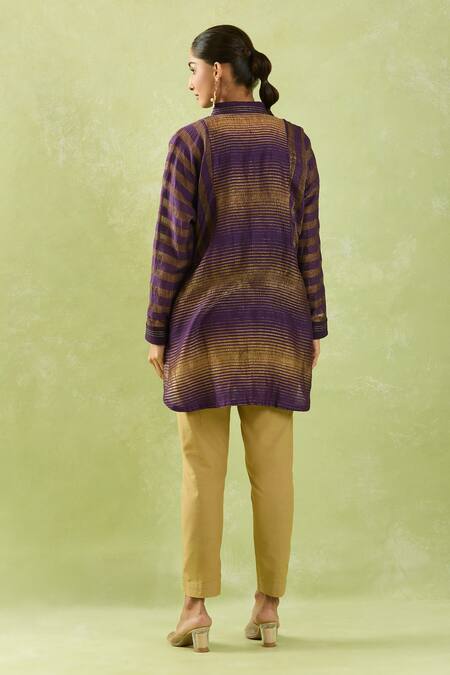 Shop Shraddha Rambhia Purple Chanderi Collared Geometric Woven Shirt Tunic at Aza Fashions Shop_Shraddha Rambhia_Purple Chanderi Collared Geometric Woven Shirt Tunic_at_Aza_Fashions