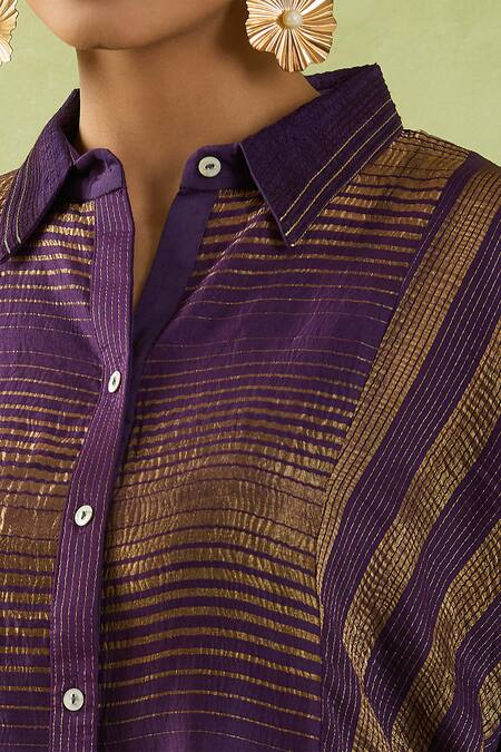 Shraddha Rambhia Purple Chanderi Collared Geometric Woven Shirt Tunic Online at Aza Fashions Shraddha Rambhia_Purple Chanderi Collared Geometric Woven Shirt Tunic_Online_at_Aza_Fashions
