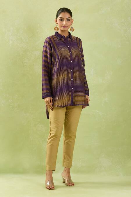 Buy Shraddha Rambhia Purple Chanderi Collared Geometric Woven Shirt Tunic Online at Aza Fashions Buy_Shraddha Rambhia_Purple Chanderi Collared Geometric Woven Shirt Tunic_Online_at_Aza_Fashions