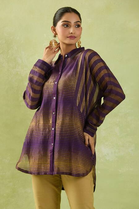 Shop Shraddha Rambhia Purple Chanderi Collared Geometric Woven Shirt Tunic Online at Aza Fashions Shop_Shraddha Rambhia_Purple Chanderi Collared Geometric Woven Shirt Tunic_Online_at_Aza_Fashions