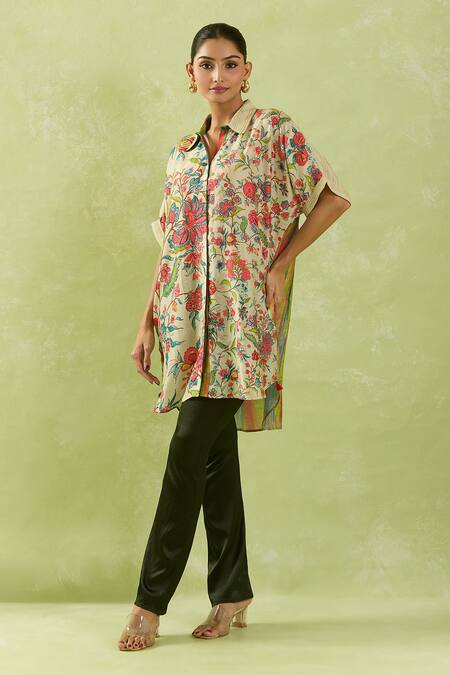 Shraddha Rambhia_Ivory Heavy Slub Printed Floral Collar Shirt Tunic_Online_at_Aza_Fashions