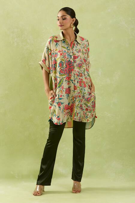 Buy_Shraddha Rambhia_Ivory Heavy Slub Printed Floral Collar Shirt Tunic_Online_at_Aza_Fashions