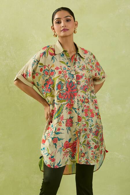 Shop_Shraddha Rambhia_Ivory Heavy Slub Printed Floral Collar Shirt Tunic_Online_at_Aza_Fashions