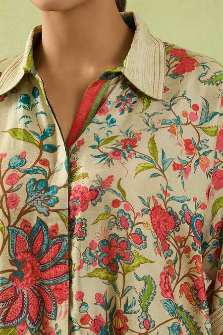 Shraddha Rambhia_Ivory Heavy Slub Printed Floral Collar Shirt Tunic_at_Aza_Fashions