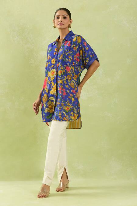 Buy_Shraddha Rambhia_Blue Cotton Collared Multicolor Garden Print Shirt Tunic_Online_at_Aza_Fashions