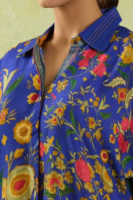 Shop_Shraddha Rambhia_Blue Cotton Collared Multicolor Garden Print Shirt Tunic_Online_at_Aza_Fashions