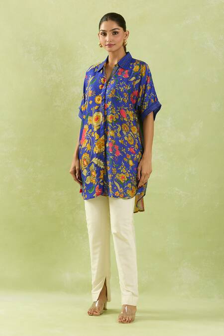 Shraddha Rambhia_Blue Cotton Collared Multicolor Garden Print Shirt Tunic_at_Aza_Fashions