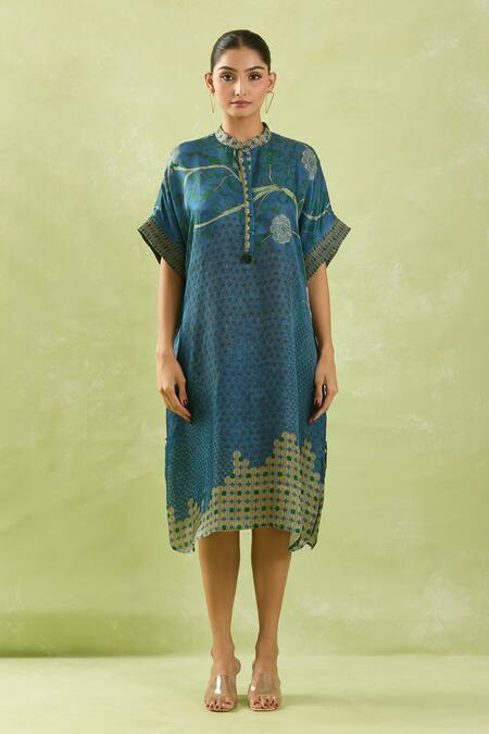 Shraddha Rambhia Blue Gingham Beads Mandarin Collar Floral Print High-low Dress Online at Aza Fashions Shraddha Rambhia_Blue Gingham Beads Mandarin Collar Floral Print High-low Dress_Online_at_Aza_Fashions
