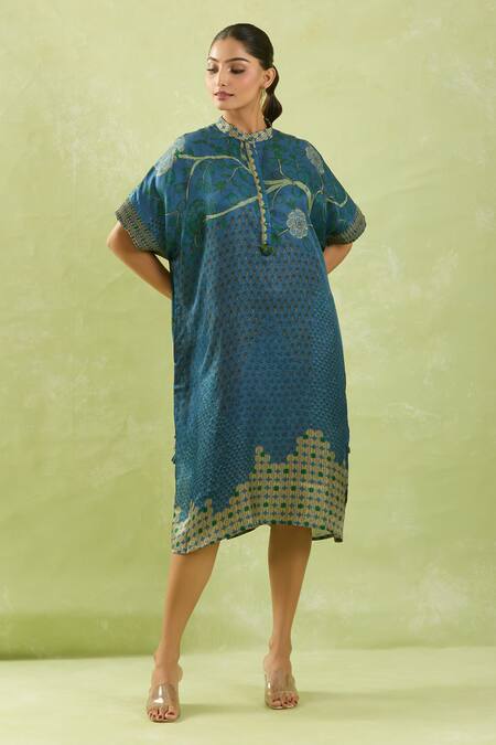 Buy Shraddha Rambhia Blue Gingham Beads Mandarin Collar Floral Print High-low Dress Online at Aza Fashions Buy_Shraddha Rambhia_Blue Gingham Beads Mandarin Collar Floral Print High-low Dress_Online_at_Aza_Fashions