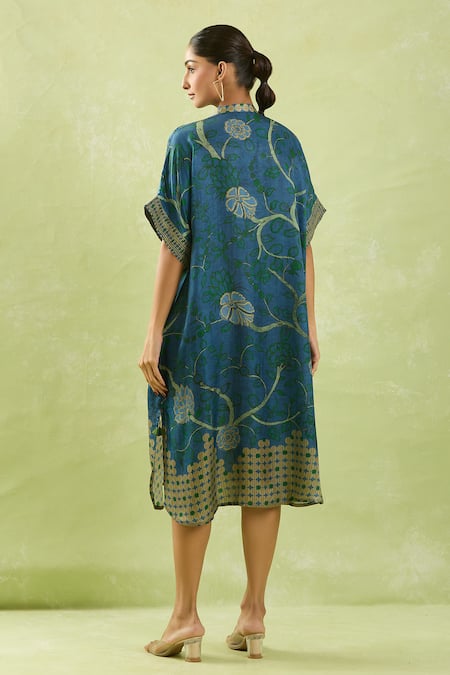 Shop Shraddha Rambhia Blue Gingham Beads Mandarin Collar Floral Print High-low Dress at Aza Fashions Shop_Shraddha Rambhia_Blue Gingham Beads Mandarin Collar Floral Print High-low Dress_at_Aza_Fashions