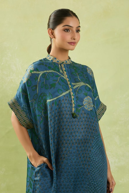 Shop Shraddha Rambhia Blue Gingham Beads Mandarin Collar Floral Print High-low Dress Online at Aza Fashions Shop_Shraddha Rambhia_Blue Gingham Beads Mandarin Collar Floral Print High-low Dress_Online_at_Aza_Fashions