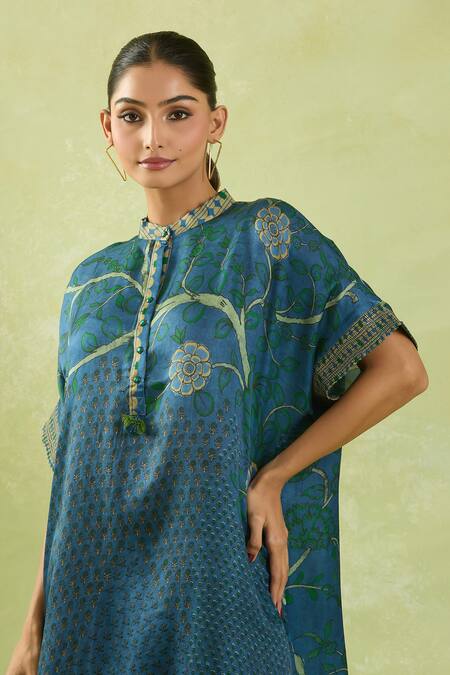 Shraddha Rambhia Blue Gingham Beads Mandarin Collar Floral Print High-low Dress at Aza Fashions Shraddha Rambhia_Blue Gingham Beads Mandarin Collar Floral Print High-low Dress_at_Aza_Fashions