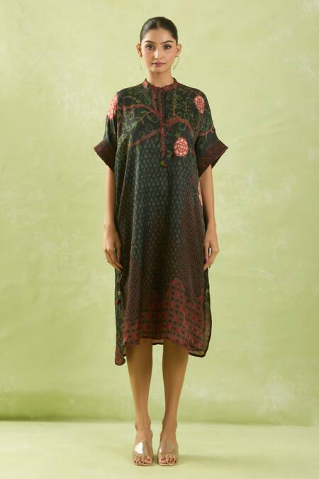 Shraddha Rambhia_Black Silk Tassels, Embroidery Mandarin Collar Floral Embellished High-low Dress_Online_at_Aza_Fashions