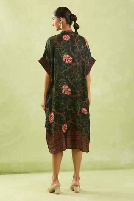 Shop_Shraddha Rambhia_Black Silk Tassels, Embroidery Mandarin Collar Floral Embellished High-low Dress_at_Aza_Fashions