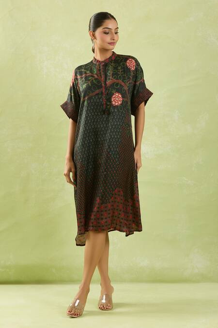 Buy_Shraddha Rambhia_Black Silk Tassels, Embroidery Mandarin Collar Floral Embellished High-low Dress_Online_at_Aza_Fashions