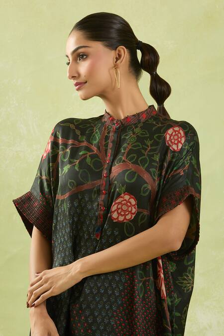Shop_Shraddha Rambhia_Black Silk Tassels, Embroidery Mandarin Collar Floral Embellished High-low Dress_Online_at_Aza_Fashions