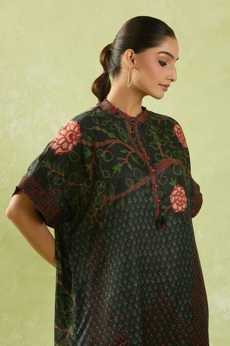Shraddha Rambhia_Black Silk Tassels, Embroidery Mandarin Collar Floral Embellished High-low Dress_at_Aza_Fashions