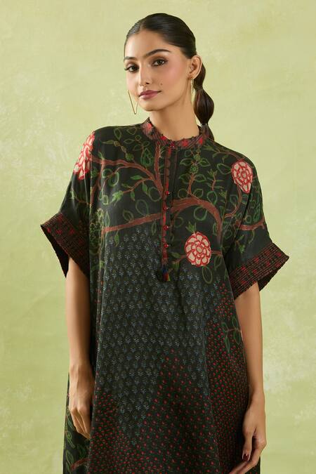 Buy_Shraddha Rambhia_Black Silk Tassels, Embroidery Mandarin Collar Floral Embellished High-low Dress