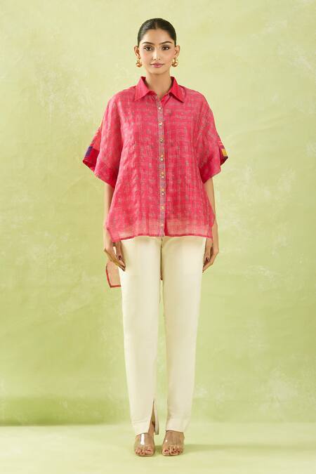Shop Shraddha Rambhia Pink Chanderi Collared Floral High-low Shirt Online at Aza Fashions Shop_Shraddha Rambhia_Pink Chanderi Collared Floral High-low Shirt_Online_at_Aza_Fashions